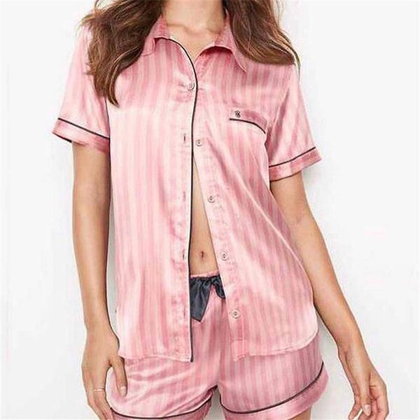 Ensembles de pyjamas 2 pièces roses pyjama rayé en fausse soie vêtements de nuit printemps été Homewear 2108092014