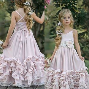 Roze 2020 boho bloem meisje jurken voor bruiloft kant geappliceerd V-hals peuter Pageantjurken Chiffon Kids Prom Dress