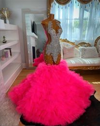 Robe De soirée rose à col rond pour filles noires, tenue De fête d'anniversaire en cristal perlé, à volants, style sirène, longue, Robe De Bal, 2024