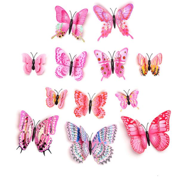 Pegatinas de pared de mariposa de doble capa rosa 3d para decoración del hogar, arte decorativo, pegatina de pared, mariposas para imán de nevera