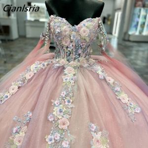 Rose rose 3d en dentelle de dentelle perles perles robe de boule quinceanera robes sur l'épaule vestidos corset de 15 anos