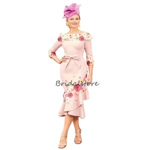 Roze 3D bloemen moeder van bruid jurken 2024 zeemeermin thee lengte kleurrijke bloemen bruiloft gasten jurk met mouw moeders feestje avondjurk outfit vestios gala