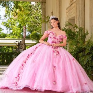 Rose 3D Fleur Quinceanera Robes Tiere Tulle Robe De Bal De Bal Robes De Soirée Brillant Princesse Junior Filles Pageant Robes De Soirée