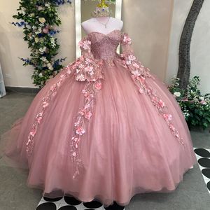 Vestido De fiesta rosa con flores en 3D, Vestidos De quinceañera De manga larga, apliques De cuentas De encaje, corsé De tul, Vestidos De 15 anos