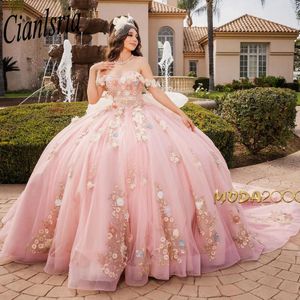 Vestidos De quinceañera con lazo De flores rosas en 3D, vestido De baile con hombros descubiertos, apliques De encaje dulce 15, Vestidos De XV Anos