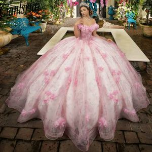 Roze 3D bloemen bloemenprint Quinceanera jurken baljurk off-shoulder plooi Sweet 15 verjaardag