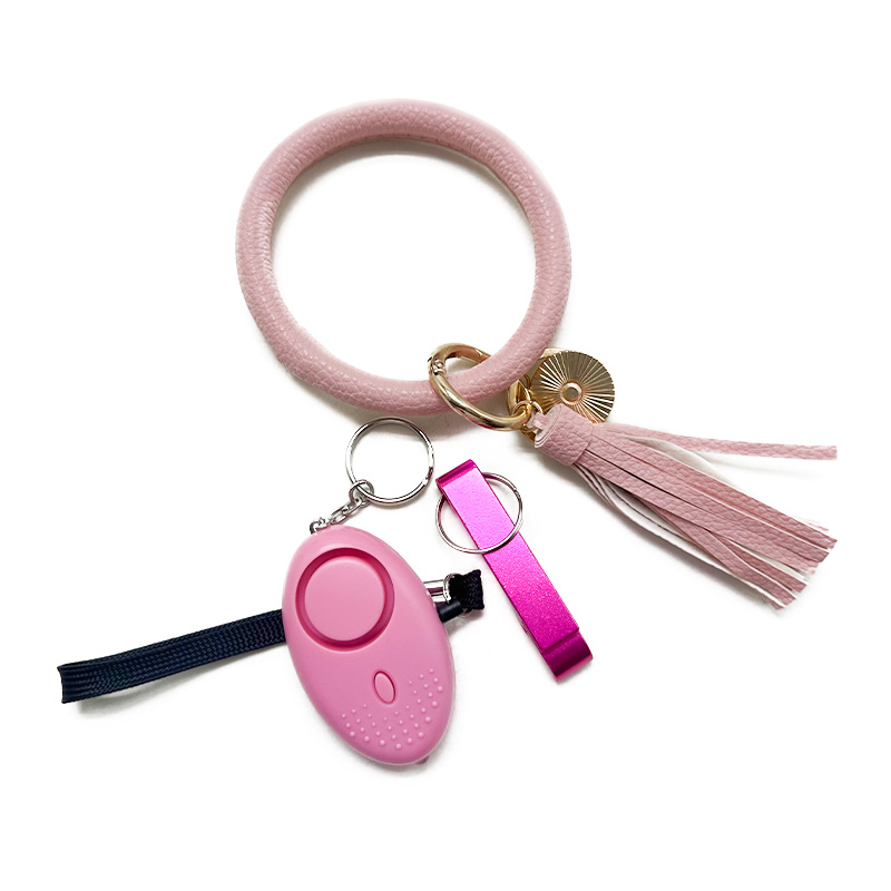 Pink 8 Färg Populär 3-delad uppsättning av självförsvar Key Chain Alarm Bottle Opener handledsband Girl Key Chain