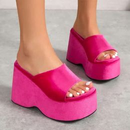 Pink 893 Veet Wedge Slide Mules Women Fashion Plateforme de mode Sandales Ladies Casual High Heel Summer Outdoor Slipper Aee