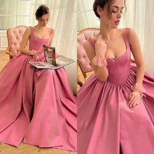 Roze a-lijn avondjurken elegant Bandjes ruches rok Feestgalajurk lijfje Lange jurken voor speciale gelegenheden
