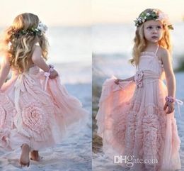 Vestidos de flores rosados ​​una línea Apliques de encaje Volantes Ropa formal para niños Sin mangas Vestidos largos para desfile de niñas de playa 329 Pplique Pplique Pplique pplique