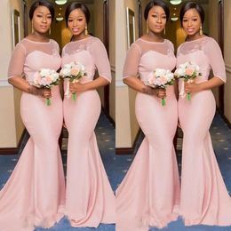 Roze African Mermaid Blush Nigeriaanse bruidsmeisje jurken met mouw 2021 pure kanten nek plus size meid of honor bruiloft gasten jurk