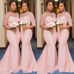 Roze Afrikaanse zeemeermin blush Nigeriaanse bruidsmeisjekleding met mouw pure kanten nek plus size maid of honor bruiloft gastende jurk