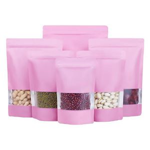 Sachets en papier d'aluminium rose sacs à fenêtre d'emballage alimentaire joint de poignée refermable sac debout pour cadeau de noix de thé de Grains