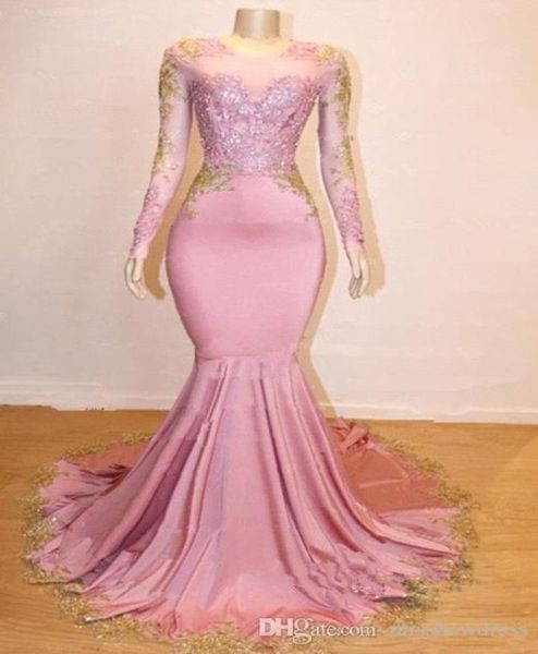 Sirena rosa y dorada Vestidos de baile Manga larga 2019 Escote joya transparente Apliques de encaje Vestidos de noche formales Cóctel barato P8474498