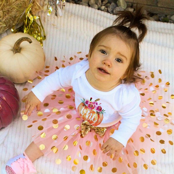 Conjunto de vestido de otoño de primer cumpleaños de calabaza rosa y dorada, mono de 1er cumpleaños con tema de calabaza de otoño + vestido de tutú, disfraz de Halloween para niñas