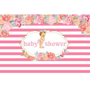 Fondo de fiesta de bienvenida de bebé a rayas rosas y blancas flores impresas accesorios de fotografía recién nacido pequeña princesa fondo de cumpleaños real