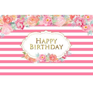 Arrière-plan de joyeux anniversaire à rayures roses et blanches, fleurs imprimées, accessoires de fête prénatale pour nouveau-né, arrière-plan de fête royale de petite princesse