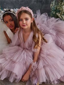 Pink Angel Flower Girl-jurken Elegantie V-ballen Baby feestjurk Kinderen Geschenklagen Princess First Communion Jurys Wedding L2405