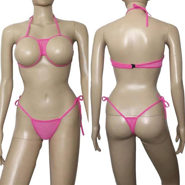 Pink Anime Sexy Women Open Breast Bikini Traje de baño Conjunto de lencería Cupless Bra Top Tanga Escuela japonesa Babydoll para niña Ropa interior 281q