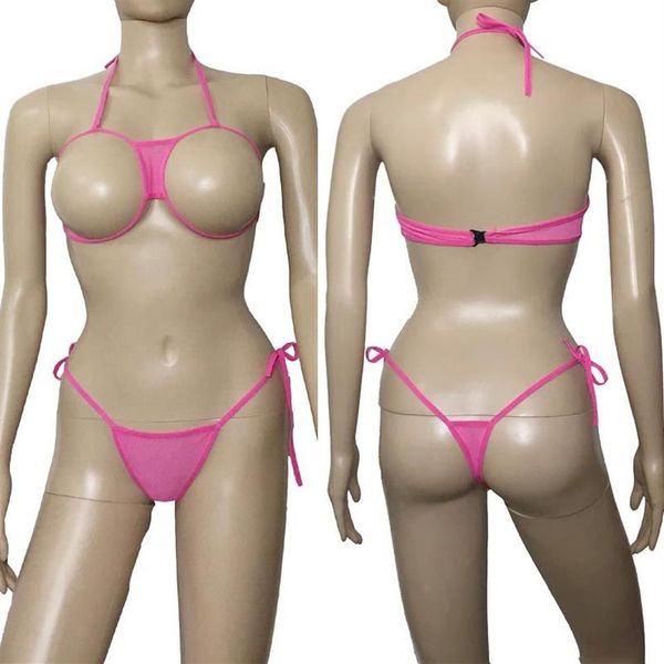 Bikini rosa de Anime para mujer, traje de baño Sexy con pecho abierto, conjunto de lencería, sujetador sin copas, Top, Tanga, picardías de Escuela Japonesa para niña, ropa interior 2454