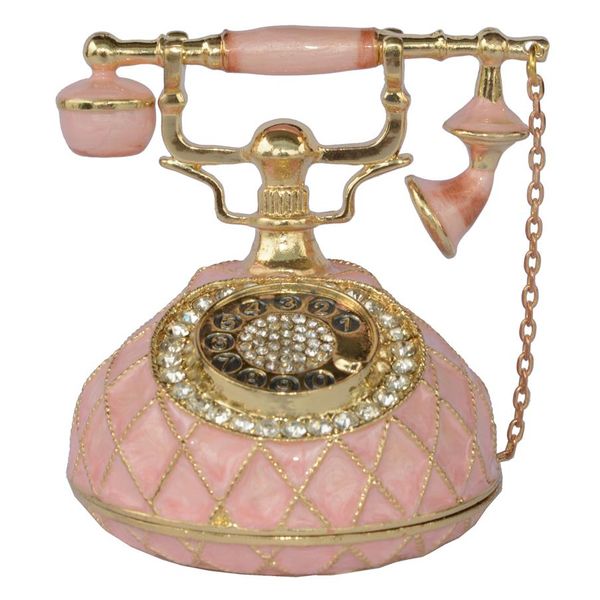 Caja de joyería de baratija coleccionable con joyas de teléfono antiguo rosa con cristales esmaltados regalos de Navidad 3124