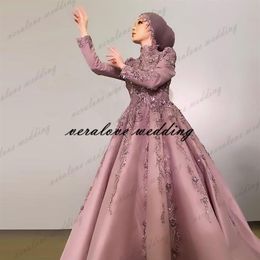 Rose arabe musulman robe De soirée col haut dentelle Appliques Satin Abaya bal robes De soirée Vestido De Fiesta De Boda2684