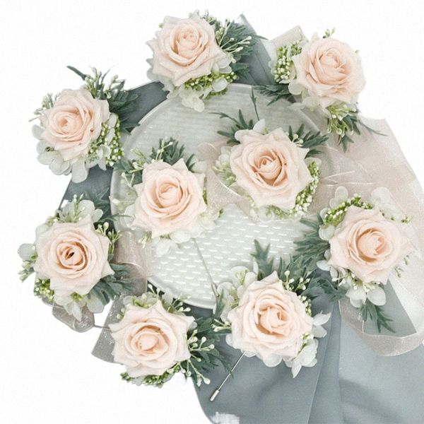 Rosa artificial Boutniere Frs ramillete de muñeca dama de honor matrimonio novio Pins accesorios de boda Y820 #