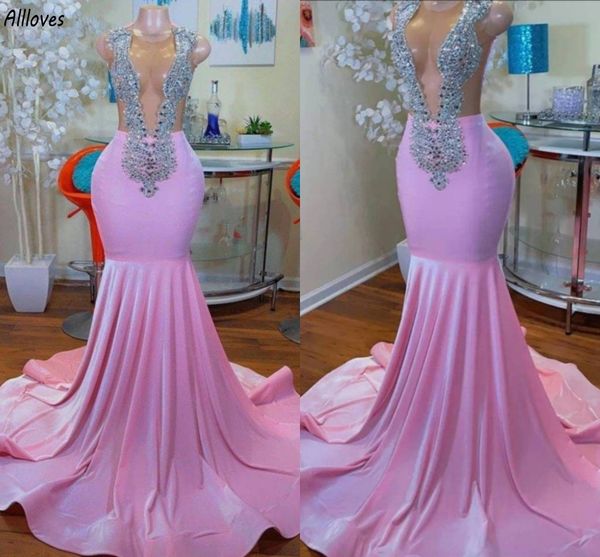 Robes de soirée rose aso ebi rose des strass scintillantes en perle plongeant v cou de cou de bal robes formelles minces et fleurines femmes deuxième robe de gala de fête de réception CL3512