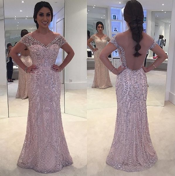 Robes de soirée élégantes dos nu rose 2018 Zuhair Murad Bling luxe sirène col en V longues robes de bal de fête Liban