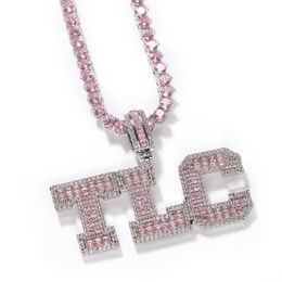 Collier avec pendentif en forme de Baguette rose, lettres solides, nom personnalisé, chaîne de Tennis glacée, bijoux personnalisés 278K