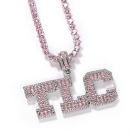 Collier avec pendentif en forme de Baguette rose, lettres solides, nom personnalisé, chaîne de Tennis glacée, bijoux personnalisés 242A