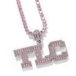 Pingente de colar com letras sólidas rosa baguete, nome personalizado com corrente de tênis, joalheiro personalizado 311k