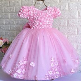 Robe de bal rose infantile fête 3D fleur enfants anniversaire Pageant robes avec noeud papillon dos creux enfant en bas âge bébé robes d'invité de mariage 326 326