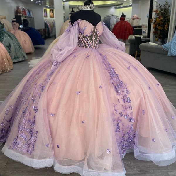 Robe de bal rose quinceanera 2024 Applique de dentelle brillante Train long xv princesse vestidos de 15 anos anniversaire sweet 16 robe 0417