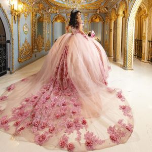Robe de bal rose quinceanera robe 2024 3D appliques florales perles cristal princesse tulle robes de 15 ans fête d'anniversaire douce 16 robe