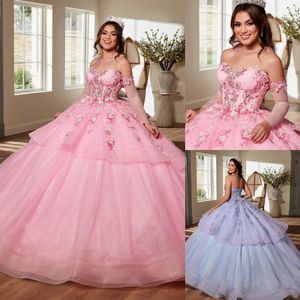 Roze Baljurk Quinceanera Jurken Met Kralen Geappliceerde Galajurken Met Lange Mouwen Sweetheart Tule Sweet 15 Korset Gelaagde Maskerade Jurk