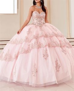 Robe de bal rose quinceanera robes en dentelle perles appliques en dentelle cristaux mutli-couches vestido de 15 anos sweet 16 porte avec veste