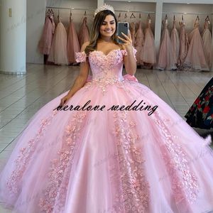 Pink Ball Gown Quinceanera Dresses Off Shoulder 3D Rose Flowers Puffy Sweet 16 Party Dress Celebrity Prom Gowns Graduation