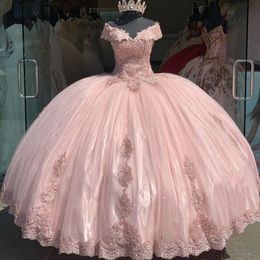 Roze baljurk Quinceanera jurken van de schouder appliques kant zoete 16 goedkope feestjurk vestido de 15 anos