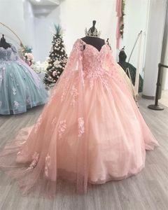 Robe de bal rose robes quinceanera avec cape robe douce fleurs appliques cristaux lacets vestidos de xv anos bal robes de fête