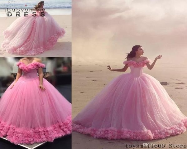 Vestido de fiesta rosa, vestidos de novia, flores hechas a mano, hombros descubiertos, volantes, vestido dulce 16, vestidos de quinceañera de talla grande de tul, vestidos 8911946