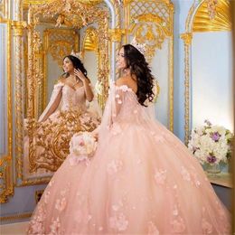 Roze baljurken Quinceanera jurken van de schouderbloemen Sweetheart Sweet 15 Girls 2023 Princess prom jurk Vestidos de BC14543