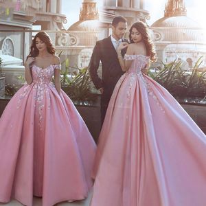 Pink Ball Gowns Wedding Dresses 2020 Vestido de novia Satin Off The Shoulder Bride Dresses Colored Beaded Lace and Flowers Non White Bridal