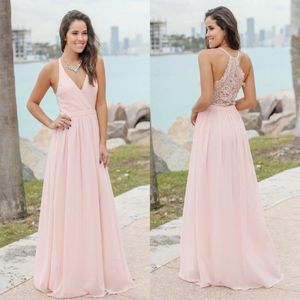 Roze strand bruidsmeisje jurken v nek kanten chiffon vloer lengte bruidsmeisje jurken bruiloft gastenjurk feestjurken 265i