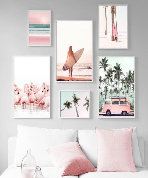 Pink Beach Flamingo Palmera Tabla de surf Cuadro sobre lienzo para pared Carteles nórdicos e impresiones Imágenes de pared para decoración para sala de estar 2115785