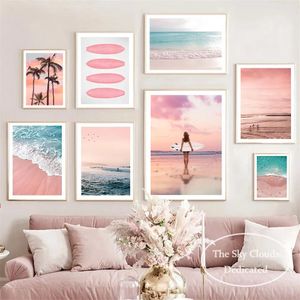 Roze Strand Oceaan Canvas Schilderij Surf Kokospalm Poster HD Afdrukken Nordic Wall Art Foto Woonkamer Slaapkamer Home Decor Geen frame Wo6