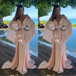 roze strand prom jurken lange 2020 off shoulder nieuwe sexy side split elegante moslim avondjurk formele feestjurken vestidos de soiree