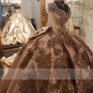 Roze kralen 2021 Quinceanera jurken gouden kanten appliqued bloem zoet 16 jurk lange mouw v nek optocht jurken vestidos de 15 a os 205k