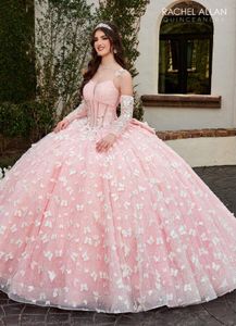 Rose perlé 3D papillons Quinceanera robe de bal Gillter Floral Corset corsage à manches longues bal vestido 15 quinceaneras