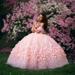 Roze Kralen Kleine Meisjes Pageant Jurken Baljurk 3D Geappliceerd Bloem Meisjesjurk Voor Bruiloft Tulle Eerste Off Shoulder Holy Communion Towns